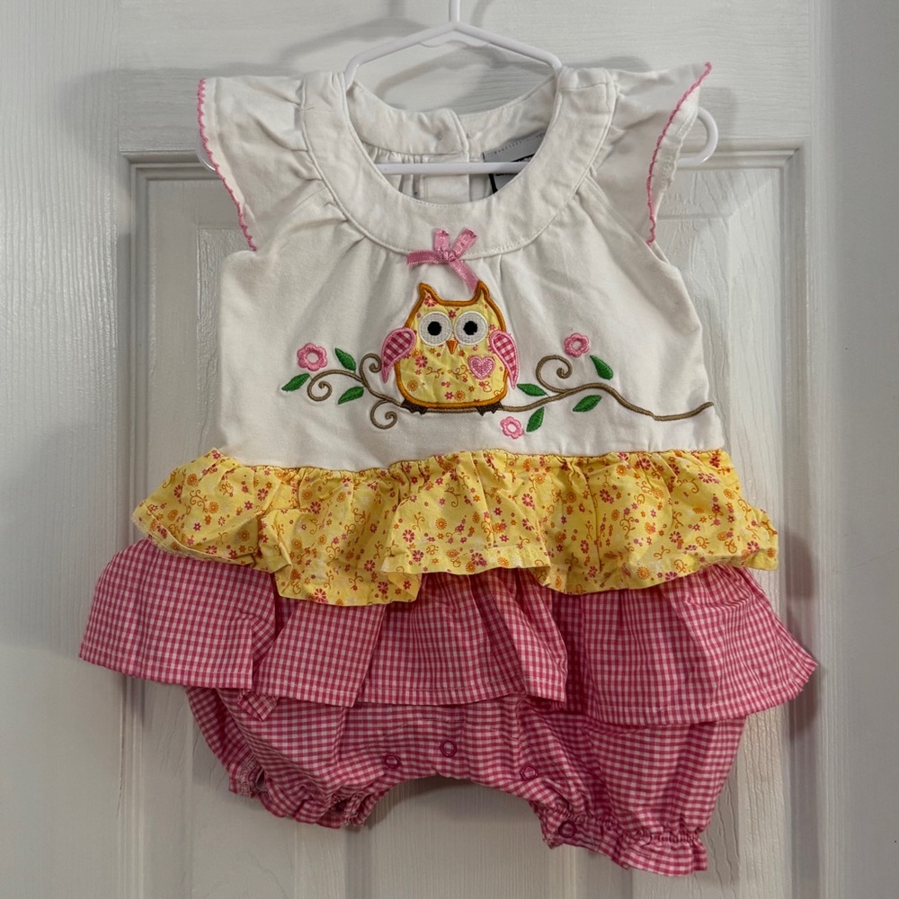 Love Being Me Baby Girl Bubble Romper with Embroidered Owl Design and Ruffles
